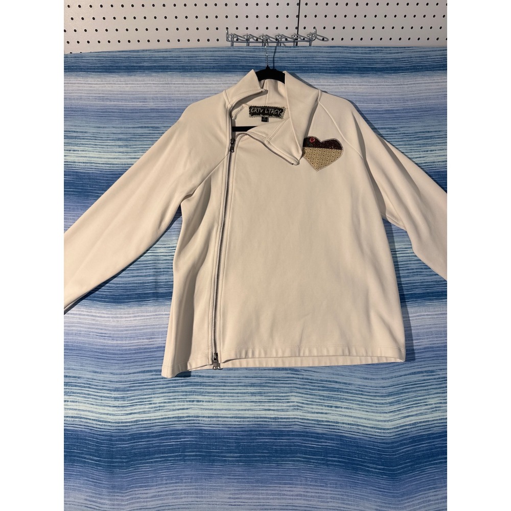 Upcycled Moto Sweatshirt Off White Quilt Star Heart Applique Patchwork Womens M - Picture 1 of 8